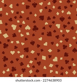 Suits Card Signs Seamless Pattern Background. Hearts, Diamonds, Spades and Clubs. Hand drawn elements doodles design for wallpapers, wrapping, textile prints, backgrounds. Vector illustration.