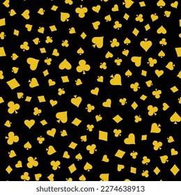 Suits Card Signs Seamless Pattern Background. Hearts, Diamonds, Spades and Clubs. Hand drawn elements doodles design for wallpapers, wrapping, textile prints, backgrounds. Vector illustration.