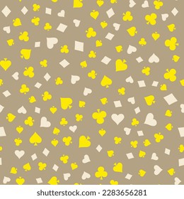 Suits Card Signs Seamless Pattern Background. Hearts, Diamonds, Spades and Clubs. Hand drawn elements doodles design for wallpapers, wrapping, textile prints, backgrounds. Vector illustration.