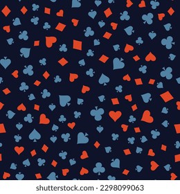 Suits Card Signs Seamless Pattern Background. Hearts, Diamonds, Spades and Clubs. Hand drawn elements doodles design for wallpapers, wrapping, textile prints, backgrounds. Vector illustration.