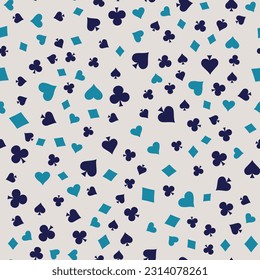 Suits Card Signs Seamless Pattern Background. Hearts, Diamonds, Spades and Clubs. Hand drawn elements doodles design for wallpapers, wrapping, textile prints, backgrounds. Vector illustration.