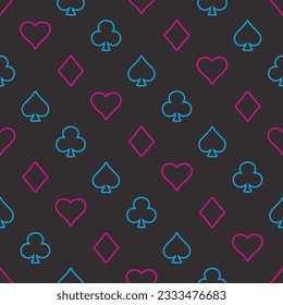 Suits Card Signs Seamless Pattern Background. Hearts, Diamonds, Spades and Clubs. Hand drawn elements doodles design for wallpapers, wrapping, textile prints, backgrounds. Vector illustration.