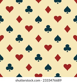 Suits Card Signs Seamless Pattern Background. Hearts, Diamonds, Spades and Clubs. Hand drawn elements doodles design for wallpapers, wrapping, textile prints, backgrounds. Vector illustration.