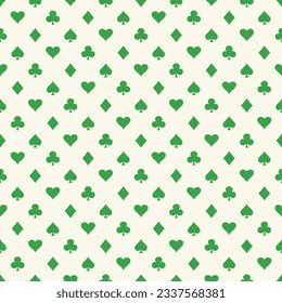 Suits Card Signs Seamless Pattern Background. Hearts, Diamonds, Spades and Clubs. Hand drawn elements doodles design for wallpapers, wrapping, textile prints, backgrounds. Vector illustration.