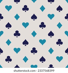 Suits Card Signs Seamless Pattern Background. Hearts, Diamonds, Spades and Clubs. Hand drawn elements doodles design for wallpapers, wrapping, textile prints, backgrounds. Vector illustration.