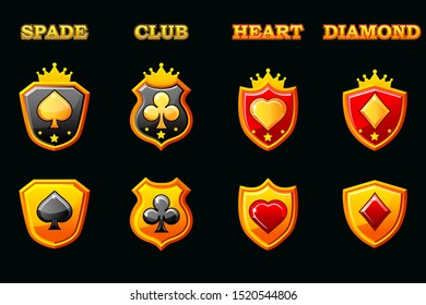 Suits deck of playing cards on shield, Vector Poker symbols on golden shields. Icons on a separate layer.