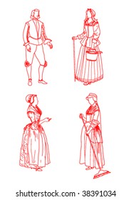 suits of maids in evrope in XVII age on a white background