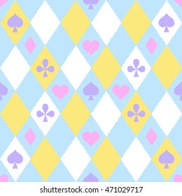 Suits on a chess background. Seamless pattern. Playing cards. Worms, Bubi, christen, peaks. Alice in Wonderland background, wallpaper. Vector illustration