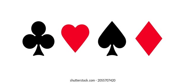 Suits of paying cards in flat design. Vector clubs and diamonds, hearts and spades poker game emblems set. Leisure hobby entertainment gambling game red and black labels