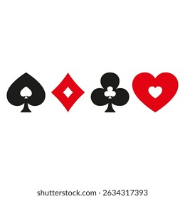Ternos de baralho. Diamantes, corações, paus, espadas símbolos minimalistas. Conjunto de ícones de vetor de sinais de convés. Símbolos de cartões símbolos de ilustração vetorial isolados no fundo branco.