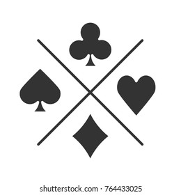 Suits of playing cards glyph icon. Casino silhouette symbol. Spade, clubs, heart, diamond. Negative space. Vector isolated illustration