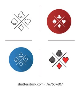 Suits of playing cards icon. Flat design, linear and color styles. Spade, clubs, heart, diamond. Casino. Isolated vector illustrations