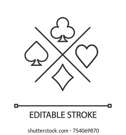 Suits Of Playing Cards Linear Icon. Spade, Clubs, Heart, Diamond. Thin Line Illustration. Casino Contour Symbol. Vector Isolated Outline Drawing. Editable Stroke