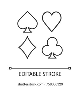 Suits of playing cards linear icon. Spade, clubs, heart, diamond. Thin line illustration. Casino contour symbol. Vector isolated outline drawing. Editable stroke