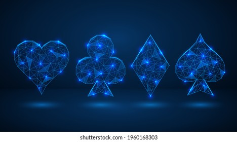 Suits of playing cards. Polygonal construction of concatenated lines and points. Blue background.