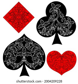 Suits of playing cards. Spades, Hearts, Clubs, Diamonds. Isolated objects on a white background.