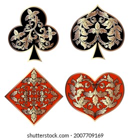Suits of playing cards. Spades, Hearts, Clubs, Diamonds. Isolated objects on a white background.