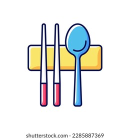 Sujeo RGB color icon. Metal chopsticks. Spoon for eating. Oriental tableware. Eastern cutlery. Asian cuisine. Korean culture. Traditional symbols of Korea. Isolated vector illustration