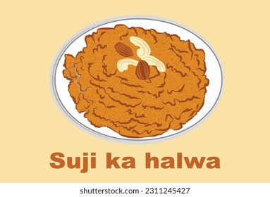 Suji ka halwa o rava sheera o ravyacha shira es un plato dulce indio que se sirve como postre. Ilustración vectorial.