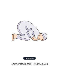 Sujud pose icon. Ramadan, Islamic holiday symbols collection. Islamic icons, Muslim day signs icon isolated on white background. Quran Book, Traditional Lanterns. eps 10.