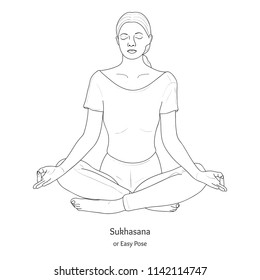 Sukhasana or Easy Pose with Chin Mudra. Yoga Practice. Vector.