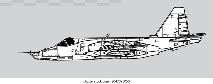 Sukhoi Su-25 Grach. Frogfoot. Vector Drawing Of Close Air Support Aircraft. Side View. Image For Illustration And Infographics.