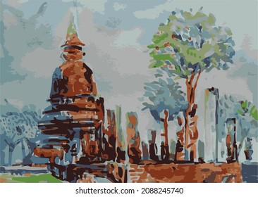 Sukhothai, Historical Park, Thailand, World Heritage, Travel, Tourist Attraction.Dijital Brush Style.
