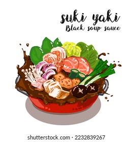 Suki yaki con salsa de sopa negra. La comida japonesa. ilustración vectorial.