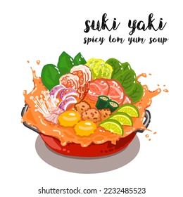 Suki yaki spicy Tom Yum soup cartoon vector isolated on white background.