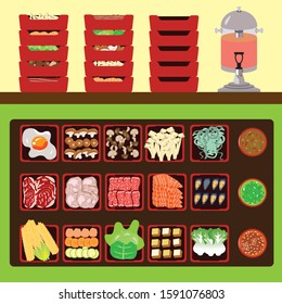Sukiyaki buffet set, trays of fresh vegetables and meats vector