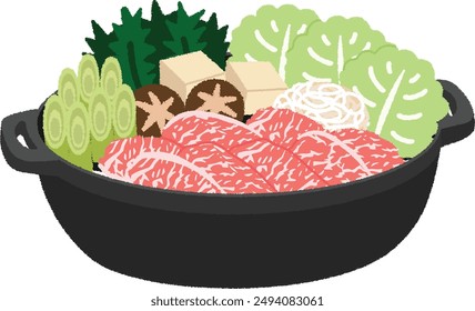 Sukiyaki is a dish made with soy sauce-based seasoning and ingredients such as beef, green onions, chrysanthemums, and grilled tofu.