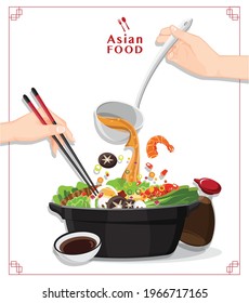 Sukiyaki in hot pot at restaurant, Hand holding chopsticks eating Shabu, vector illustration