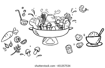 Sukiyaki hot pot with vegetables and rice