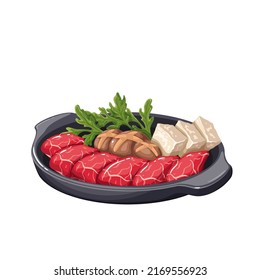 Sukiyaki, Japanese food in hot pot vector illustration. Cartoon Nabemono stew and soup with meat, isolated one pot dishes with slices of beef, tofu and vegetables for dining in Japan restaurant