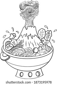 Sukiyaki recipe instant pot illustration.Chinese traditional food rich hot pot style.Shabu hand drawning for painting on restaurant.Wave on Fuji mountain on shabu hot pot.