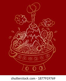 Sukiyaki recipe instant pot illustration.Chinese traditional food rich hot pot style.Shabu hand drawning for painting on restaurant.Wave on Fuji mountain on shabu hot pot.Crack an egg into hot pot.