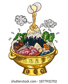 Sukiyaki recipe instant pot illustration.Chinese traditional food rich hot pot style.Shabu hand drawning for painting on restaurant.Wave on Fuji mountain on shabu hot pot.Crack an egg into hot pot.