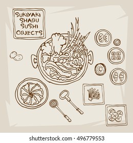 sukiyaki shabu objects outline sketch