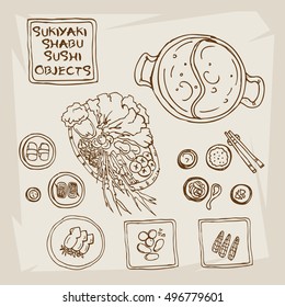 sukiyaki shabu objects outline sketch