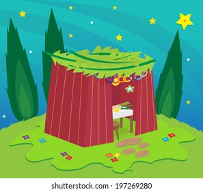 Sukkah At Night - Sukkah on a hill under the stars surrounded by trees . Eps10