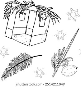 Sukkah with palm leaves and stars of David black and white vector seamless pattern. Sukkot symbolic plants for Jewish holiday with line traditional species and Etrog