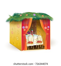 Sukkah for Sukkot Greeting card. Sukkah, lulav and etrog, apple, pomegranate, flowers, palm leaves frame. Israel Jewish Holiday Rosh hashanah, sukkot, symbols vector illustration