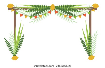 Sukkah symbolic temporary hut for celebration of Jewish Holiday Sukkot. Jewish Holiday Sukkoth. Sukkah, Etrog, Lulav, Arava, Hadas and Decoration Background Design