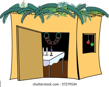 Sukkah With Table, Decorations And Candles Inside.