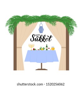 Sukkah with table, traditional Jewish symbols and lettering Happy Sukkot. Israel holiday typography poster. Vector template for banner, greeting card, postcard, etc.