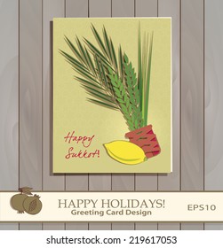 Sukkot Festival greeting card design vector template. Greeting text Happy Sukkot. Traditional Jewish Sukkot holiday four species of fruit & herbs against golden pattern background. Pomegranate icon.