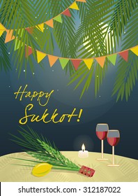 Sukkot Festival greeting card design vector template. Greeting text Happy Sukkot. Traditional Jewish Sukkot holiday four species of fruit & herbs in Sukkah on holiday eve. Layered, editable design.