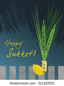 Sukkot Festival greeting card design vector template. Greeting text Happy Sukkot. Traditional Jewish Sukkot holiday four species of fruit & herbs in Sukkah on holiday eve. Layered, editable design.