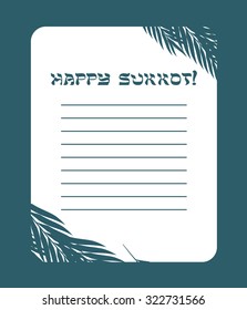Sukkot Festival greeting card design vector template. Greeting text Happy Sukkot. Traditional Jewish Sukkot holiday four species of fruit & herbs in Sukkah on holiday eve. Layered, editable design.