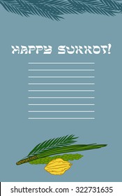 Sukkot Festival greeting card design vector template. Greeting text Happy Sukkot. Traditional Jewish Sukkot holiday four species of fruit & herbs in Sukkah on holiday eve. Layered, editable design.